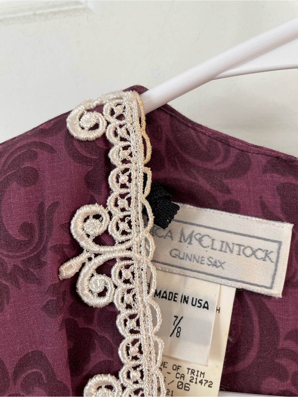 Vintage 80s Jessica McClintock Gunne Sax Cotton Prairie Dress 7/8 Burgundy Lace - Picture 9 of 15
